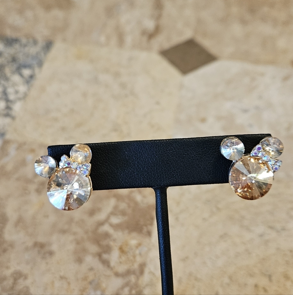 Minnie Mouse Earrings AB Aurora Borealis Crystal Rivoli Ears Head Bow Disney